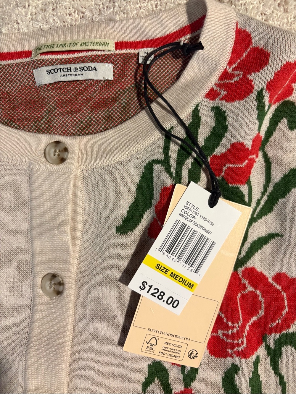 Scotch & Soda Poinsettia Crewneck 100% Cotton Cardigan Sweater Size Med-NWT - Picture 16 of 16